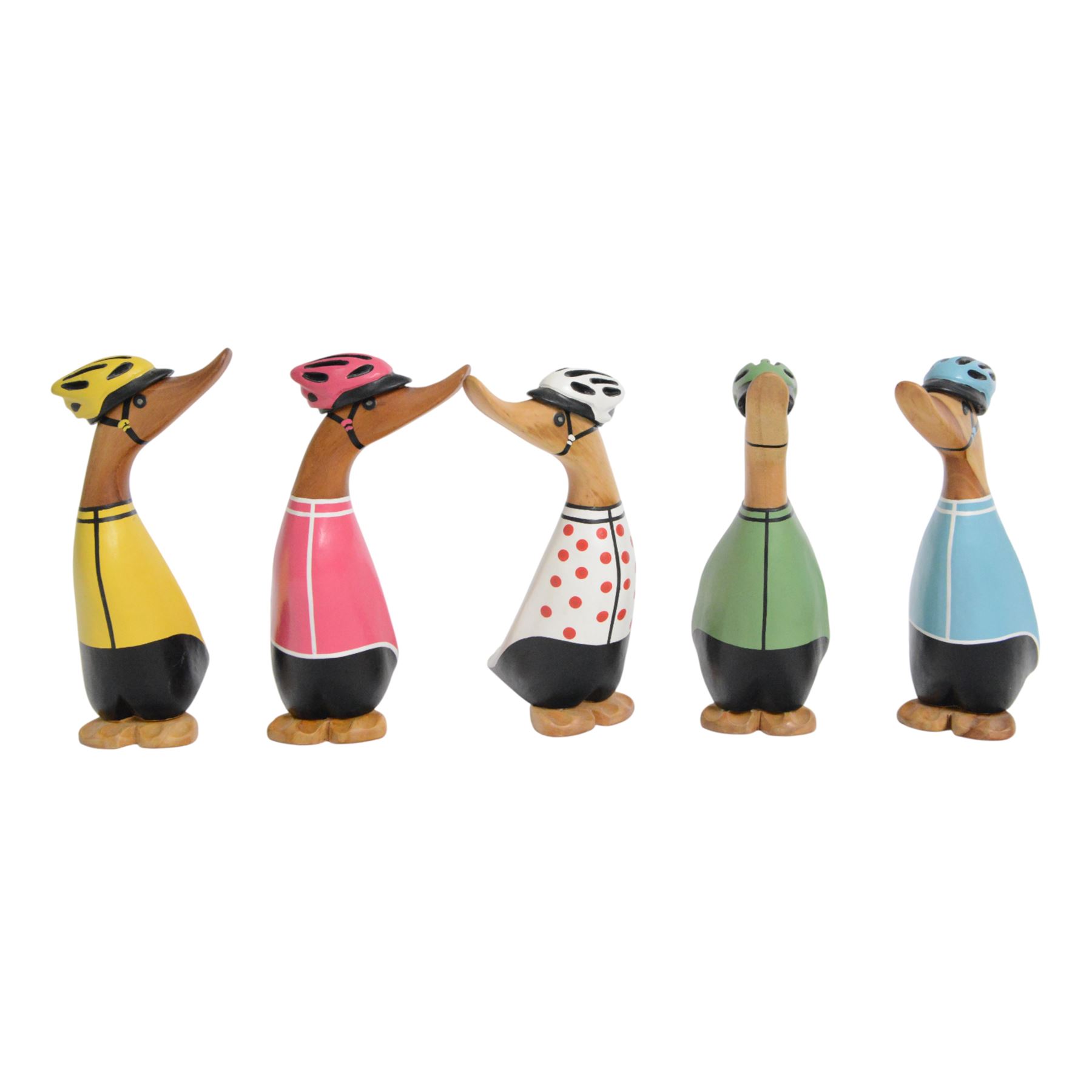 Dcuk, five wooden ducks, in cycling outfits and helmets, H20cm