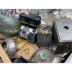 Vintage suitcase, Minolta Hi-Matic AF2-M, Halina Simplette and other Kodak cameras, metal ware, clock, pewter, etched glassware etc