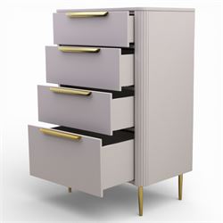 Made.com - 'Ebro' grey four drawer chest, gold painted metal shaped handles, rounded corners with fluted detail, raised on gold painted metal tapered supports