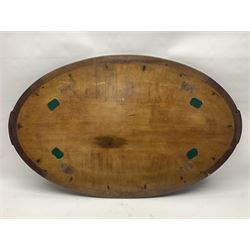 Late 19th/early 20th century mahogany and marquetry inlaid tray, of oval form with twin scrolled handles and moulded border, the central panel inlaid with figures seated at a table drinking tea, L99cm