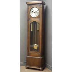 Early 20th century oak longcase clock, silvered Arabic dial, triple weight driven movement, chiming the hours and quarters on rods, H184cm