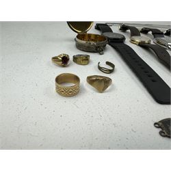Three 9ct gold rings, to include patterned wedding band, shield signet and a garnet signet, all hallmarked, silver box and jewellery and four wristwatches