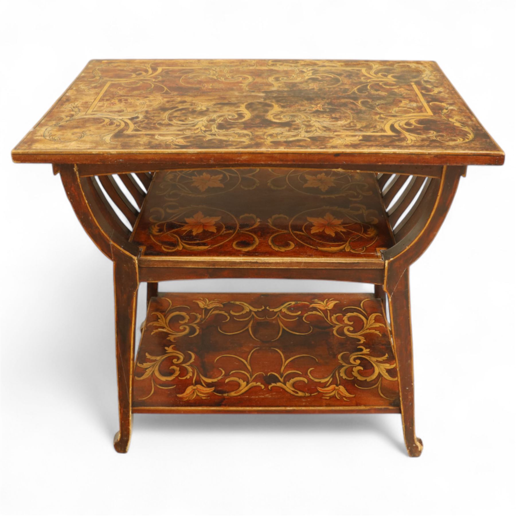 19th century mahogany coal scuttle, shaped raised back carved with shell fan motif, swing front enclosing original removable metal liner with handle, panelled front with cast drop handle, over slatted undertier (H 65cm, W 33cm, D 34cm)
Early 20th century mahogany magazine table, rectangular top and undertier decorated with gilt foliate and scroll marquetry, shaped pierced side rails forming magazine divisions, on square tapering supports (H 70cm, W 71cm, D 45cm)