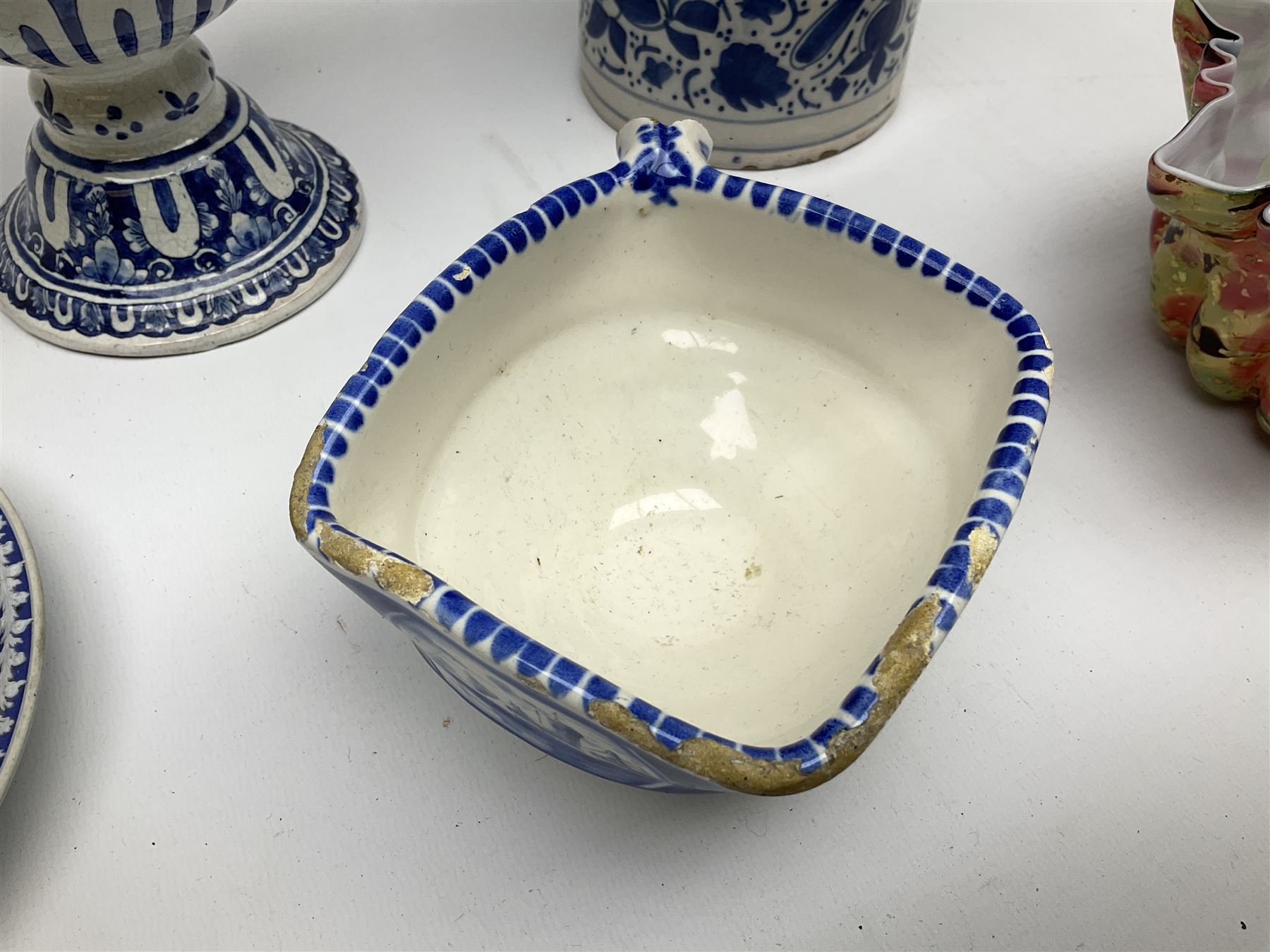 Wedgwood jasperware chamber candlestick, together with blue and white ceramic tankard, footed jug, art glass basket etc