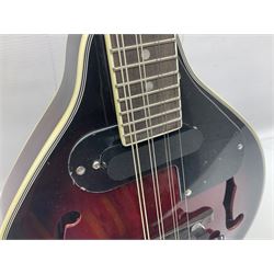 Stagg Model M50 E eight-string electro-acoustic mandolin; bears makers label L69cm; in cardboard delivery box with lead