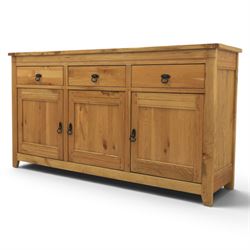 Contemporary oak sideboard, with rectangular top above three drawers and three cupboard doors, blackened metal handles, raised on stile supports