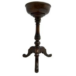 Fruitwood tripod wash basin or planter, the bowl with rolled edge on turned baluster pedestal, three splayed supports