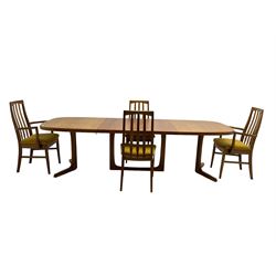 Oluf Theodore Larsen for NMB - mid-20th century teak extending dining table with two additional leaves, on splayed supports (261cm x 95cm x 73cm), and set four (2+2) mid-20th century teak dining chairs with high vertical slatted back on tapered supports (54cm x 51cm x 99cm)