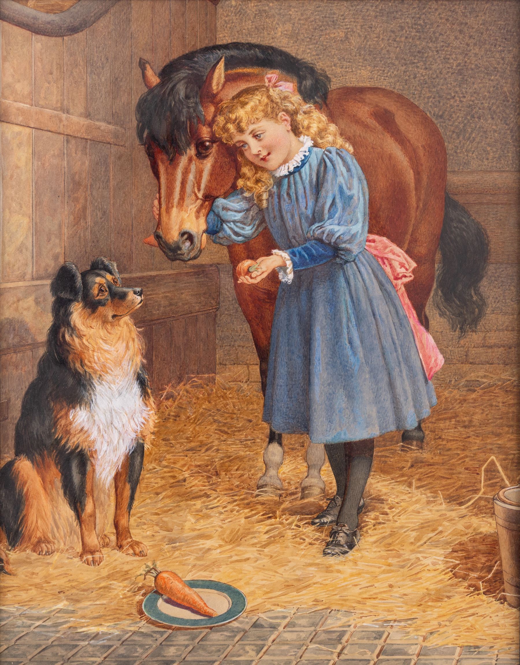 Augustus Jules Bouvier (French/British 1827-1881): 'A Treat for the Pony', watercolour possibly signed beneath the mount, titled on The Carroll Galleries label verso 41cm x 32cm
