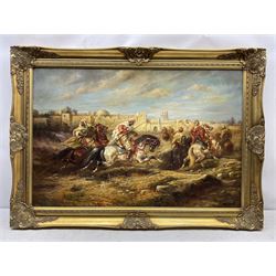 Mark Morgan (20th century): A Hasty Retreat, oil on canvas laid on to board signed and dated 1993, 60cm x 90cm