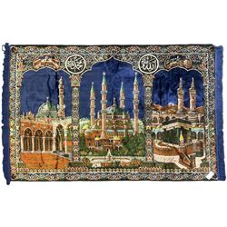Indigo ground family prayer rug, depicting Masjid al-Haram in Mecca within floral design borders 