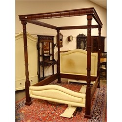  Regency style mahogany four poster bed with reeded floral carved supports, shaped frieze and serpentine headboard, W174cm, H226cm, L225cm  