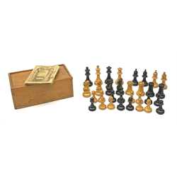 Unmarked Staunton pattern boxwood and ebonised chess set, king H8.5cm, in wooden box with sliding lid; and a disbound copy of The Manual of Chess by Charles Kenny