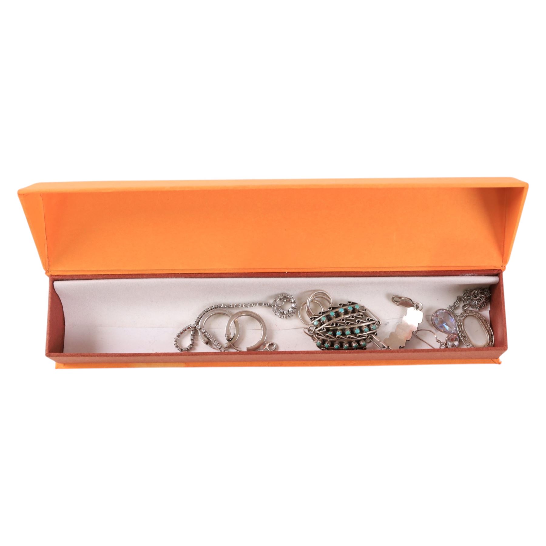 18ct gold split pearl brooch, 9ct gold stone set belly bar, 9ct and silver paste ring, rolled gold ring, silver jewellery, including locket, chains, silver gilt necklace and bracelet, hardstone pendant necklace, earrings, turquoise bracelet, etc