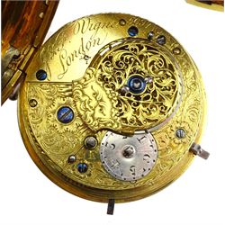 George III gilt full hunter verge fusee pocket watch by J & F Vigne, London, No.5097, round pillars, pierced and engraved balance cock decorated with a mask and diamond endstone, stop/work lever, white enamel dial with name 'Robert Bloxam' replacing numerals