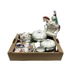 19th century Staffordshire flat back figure of a huntsman on a horse, together with a quantity of Victorian and later ceramics to include two lidded tureens, teapot etc