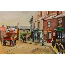 Bernard Whitaker (British 20th century): Horse-drawn Carriages in Castleford, oil on canva...