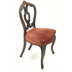  Victorian set of four rosewood salon chairs each with pierced back, overstuffed seat and cabriole front legs, W48cm  