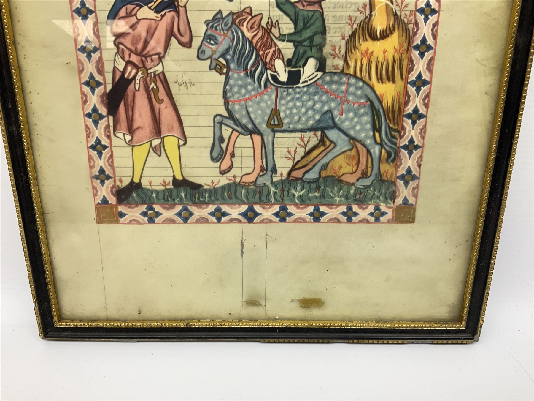 German School (14th century): 'Bruno von Hornberg' and 'Kol von Nüssen', pair prints of illuminated portraits from the 'Codex Manesse' together with print of 17th century Church writing