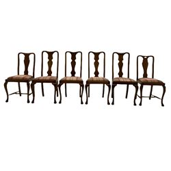 Mixed set of twelve early 20th century mahogany Queen Anne style dining chairs, all with shaped vase backs and cabriole front supports, matching drop-in seats upholstered in tartan patterned fabric