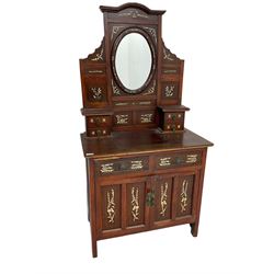 Possibly Anglo-Chinese - late 19th century bone inlaid dressing chest, oval mirror back with trinket drawers, fitted with two drawers over double cupboard, inlaid with bone foliate decoration