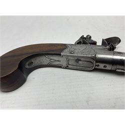 Early 19th century J. Calvert (Leeds) flintlock single barrel tap action pocket pistol, approximately .45 cal., the 4cm (originally) screw off barrel with top safety and walnut stock L16cm overall