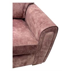 Contemporary Alstons ‘Memphis’ sofa bed, upholstered in ‘Dusk Velvet’ polyester blend, featuring broad arms, two seat cushions, and a concealed fold-out metal action bed with mattress