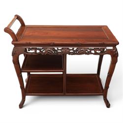 20th century Chinese ornately hardwood tea trolley, rectangular top with handle, pierced frieze above a half shelf above a full length undertier, raised on shaped supports