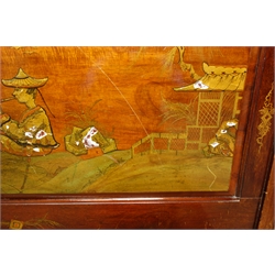  Chinese style hardwood bedstead, panelled head and footboard, with raised gilt Chinoiserie decoration, W137cm  