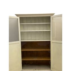 19th century painted pine kitchen cupboard, enclosed by two part glazed doors
