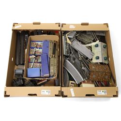 Model railway items - track, carriages etc, contents in two boxes