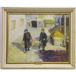 Women Out Shopping, 20th century oil on canvas signed and dated '73 by Ruth Milne 40cm x 50cm  Presented to 'Hull Soroptimist Club'  