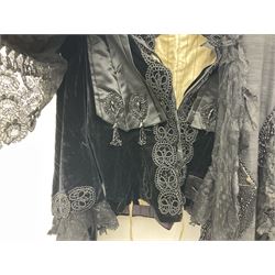 Victorian three piece mourning dress, with lace trim and jet beading, including velvet coat with satin collar panels and cuffs, the nipped waist with boning and slight flared peplum, heavily embellished beaded high neck collar, and ladies embroidered silk lined purse with gilt handle, mount and clasp