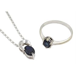 14ct white gold oval sapphire and zirconium pendant necklace, sapphire approx 1.00 carat and a 14ct white gold single stone sapphire ring, both stamped 585