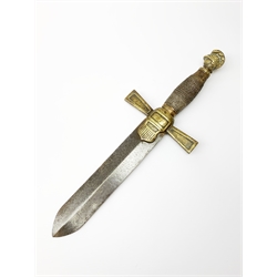 American 1850's side arm knife, 21cm double edge blade, brass hilt with Stars and Stripes emblem, Gladiator's helmet finial and wire bound wooden grip overall 36cm
