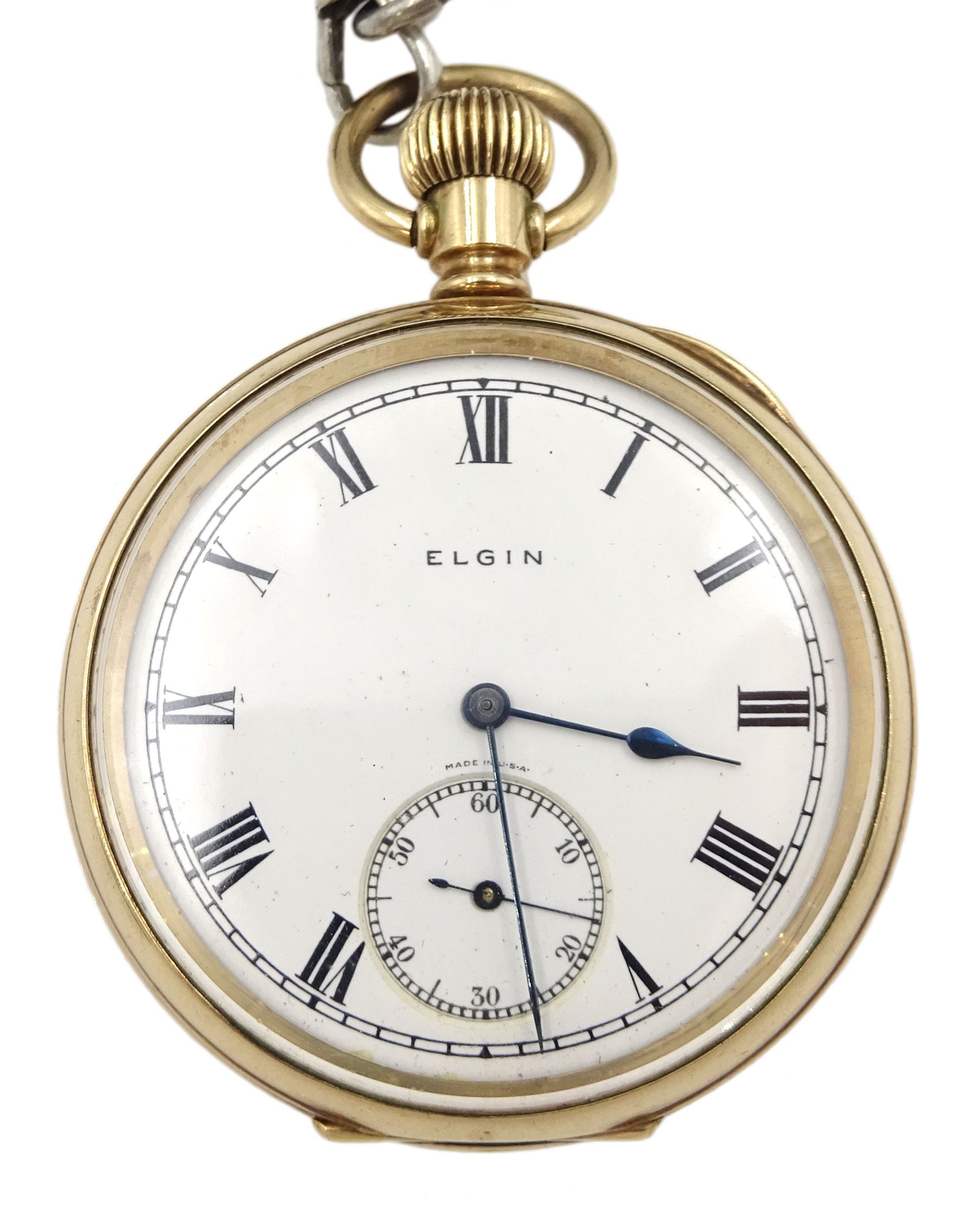 Early 20th century gold-plated keyless lever pocket watch by Elgin, U.S.A, No. 27217564, white enamel dial with subsidereary seconds dial, on silver Albert chain, each link hallmarked, with two silver fobs