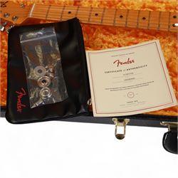 Fender Stories Collection Brent Mason Telecaster electric guitar in primer grey with maple neck and finger board with convertible Glaser Bender, made in Corona California, serial no. US22064029, contained within a G&G Fender hard case with orange interior, guitar L97.5cm