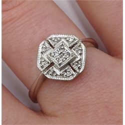 9ct white gold diamond chip set panel ring, stamped 375