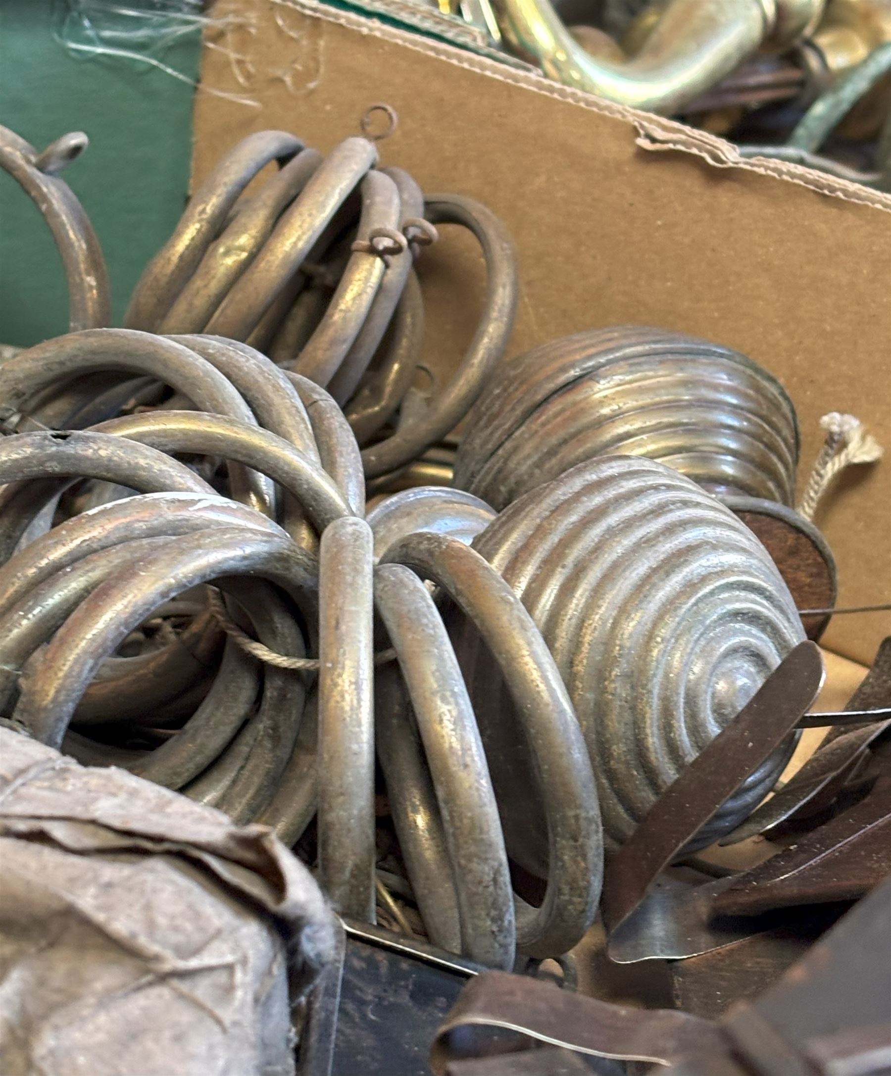 Three boxes of mixed vintage hardware and accessories, to include early 20th century gilt brass beehive curtain pole finials, curtain pole rings, door handles, escutcheons, letter box door knockers, Victorian glass drawer pulls etc.  - COLLECTION BY APPOINTMENT FROM: The White House, Thirsk Road, Easingwold, York, YO61 3NF - CALL 01723 507111 TO ARRANGE