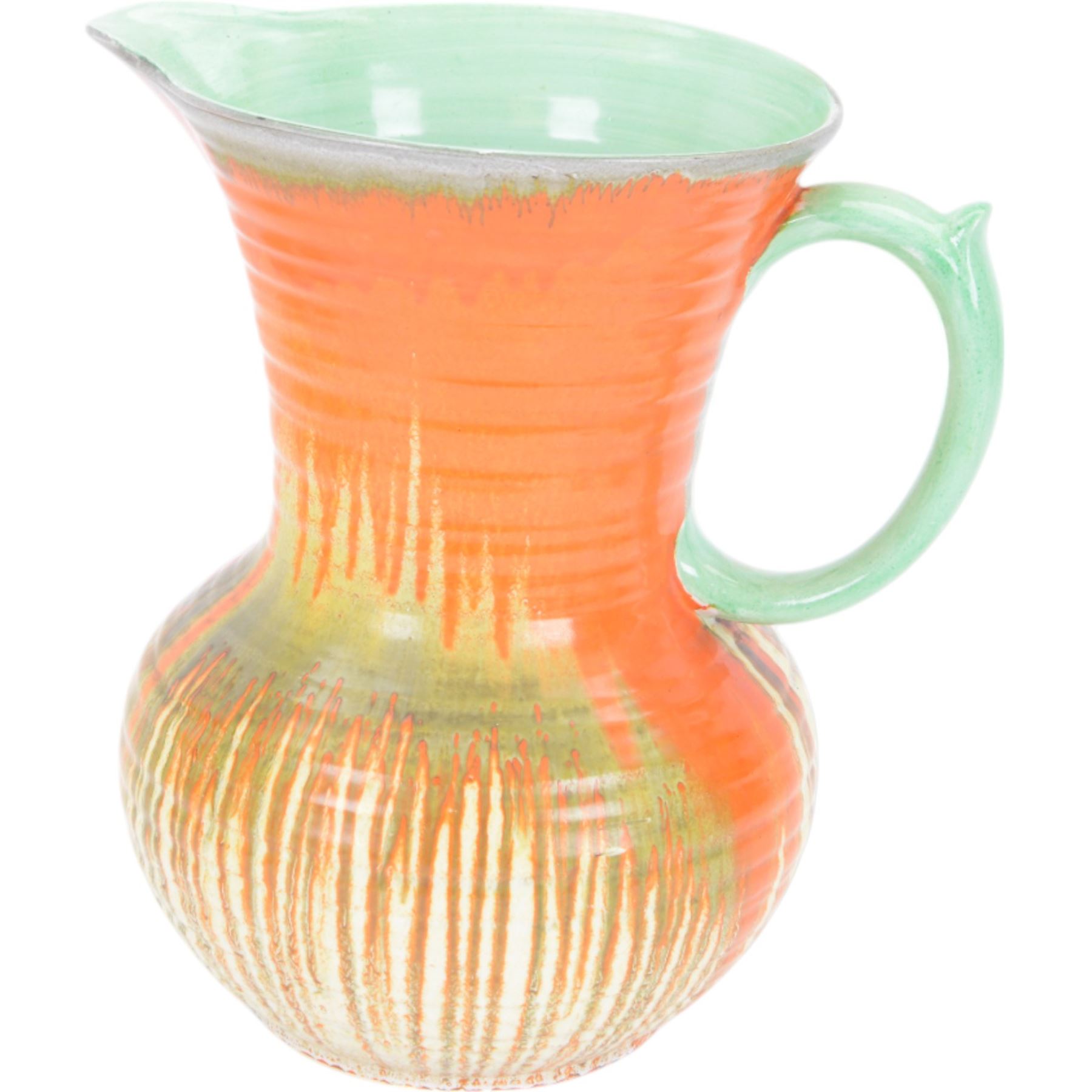 Four pieces of Shelley Harmony dripware, comparing ginger jar and three jugs, largest jug H23cm