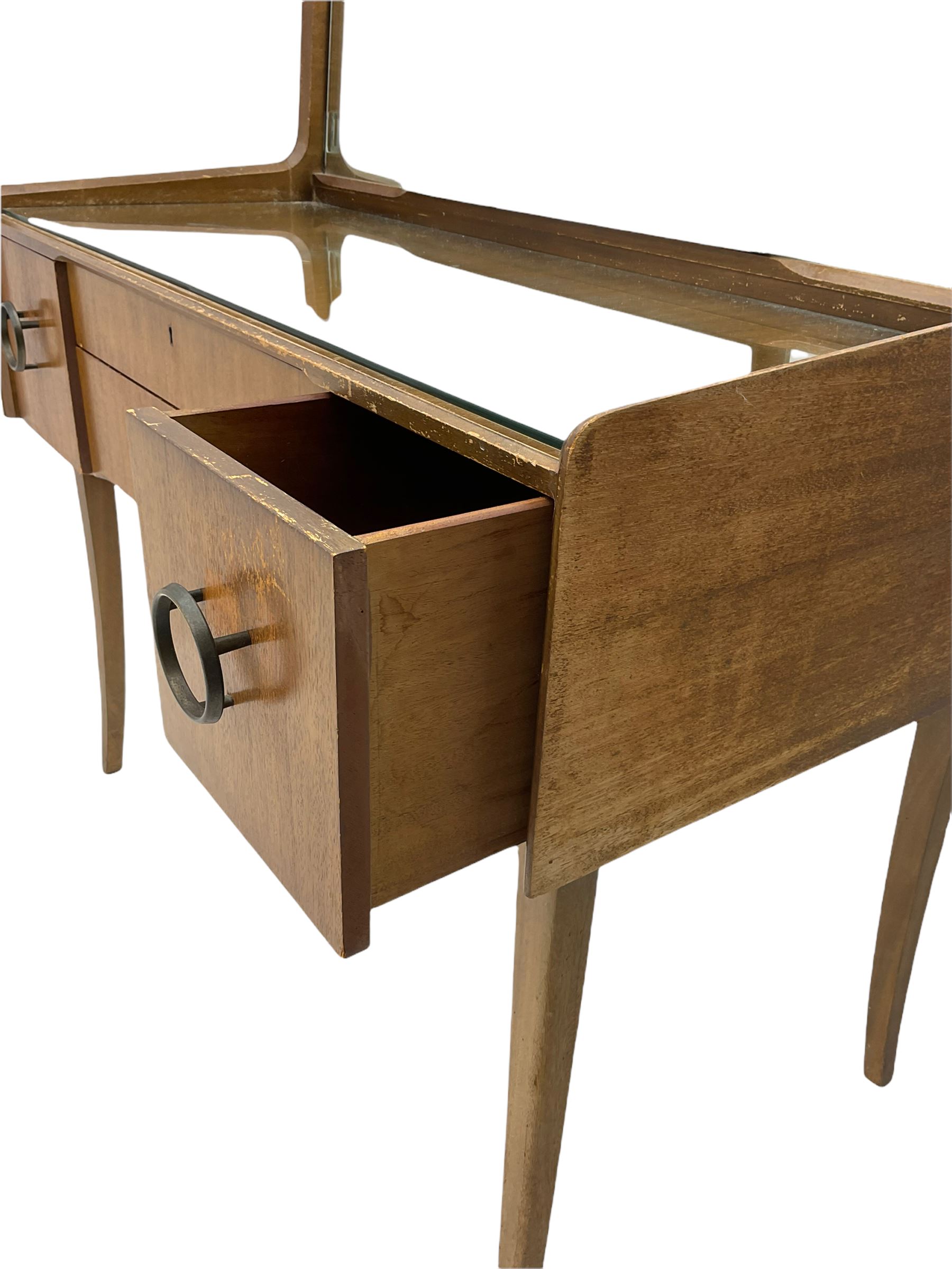 Retro sapele mahogany dressing table with sliding mirror compartments, and matching tallboy