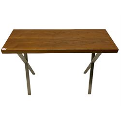 Contemporary console table, walnut finish rectangular top on burnished metal x-frame supports