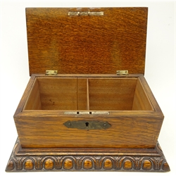  Late Victorian oak hinged box with cedar wood two division interior, Gothic style metal mounts on egg and dart skirt, c1895, L30.5cm x H13cm   