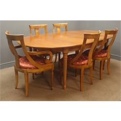  Cherry wood extending oval dining table, tapering reeded supports (W114cm, H75cm, L223cm) and five chairs, upholstered seat  