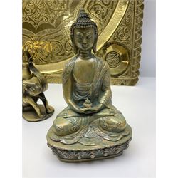 Brass incense burner/potpourri, on tri-form elephant stand, together with a brass buddha, large brass charge and bowl, charger H67cm