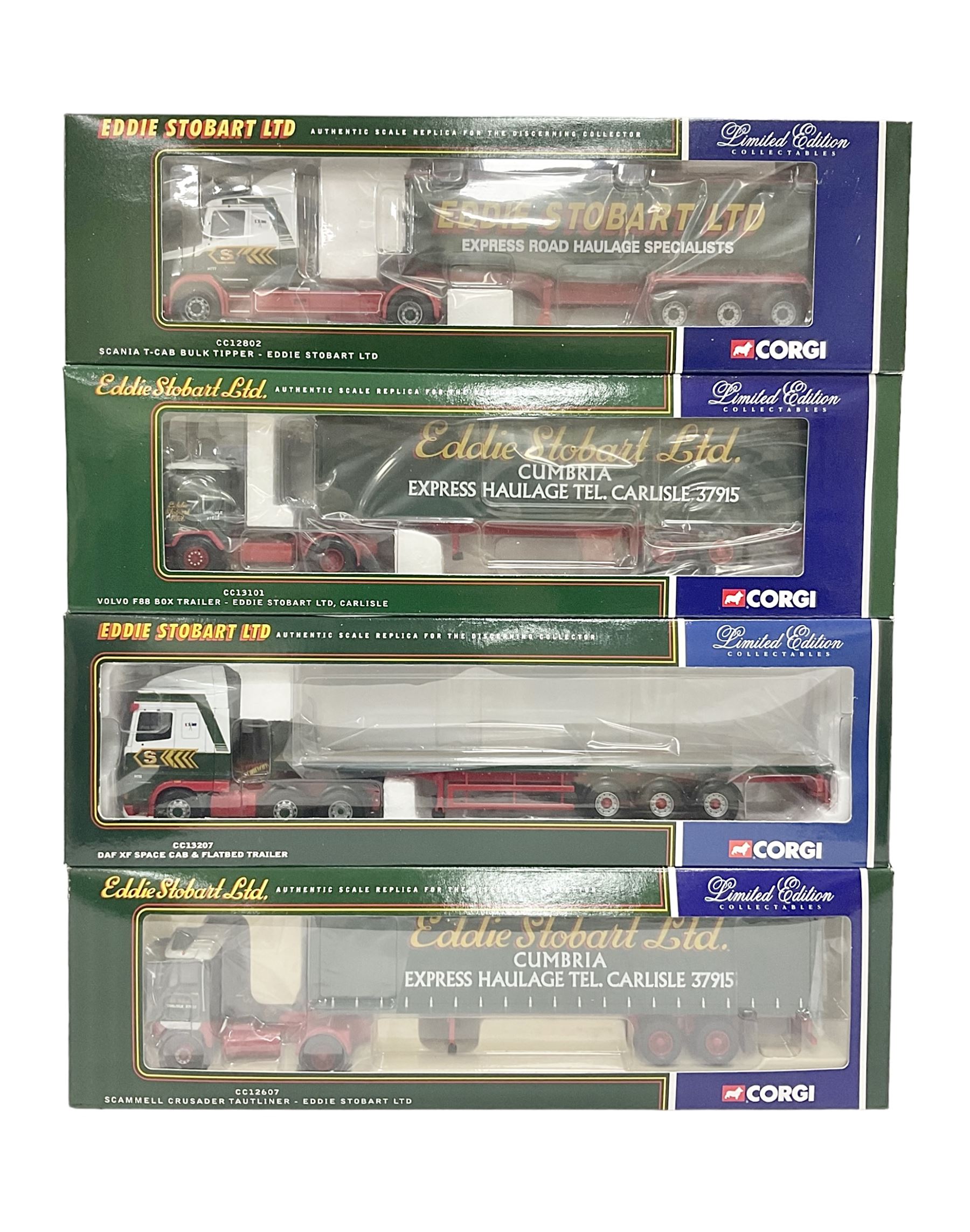 Corgi - four limited edition 1:50 scale Eddie Stobart heavy haulage vehicles comprising CC12802 Scania T-Cab Bulk Tipper; CC13207 DAF XF Space Cab and Flatbed Trailer; CC13101 Volvo F88 Box Trailer; and CC12607 Scammell Crusader Tautliner; all boxed (4)