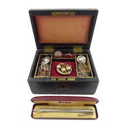 Victorian 9ct gold garnet brooch, Yard O Led silver propelling pencil and a collection of silver items including bracelet and rings, in a tooled leather jewellery box 