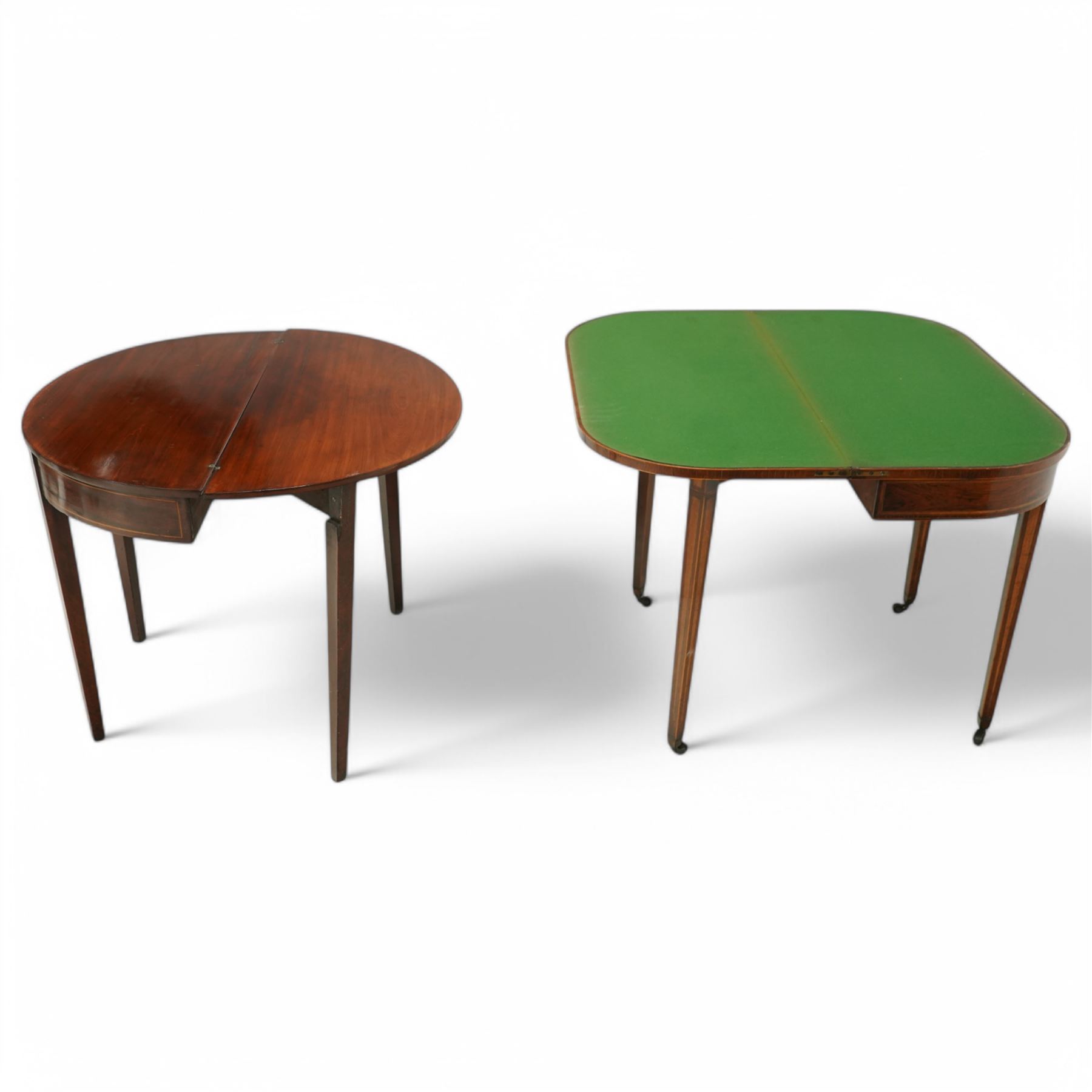 19th century rosewood and satinwood banded card table, D-shaped fold-over top, double gate-leg action base, on square tapering supports terminating to brass cups and castors (W92cm, D45cm, H76cm); together with a 19th century mahogany tea table (W89cm, H73cm, D43cm)