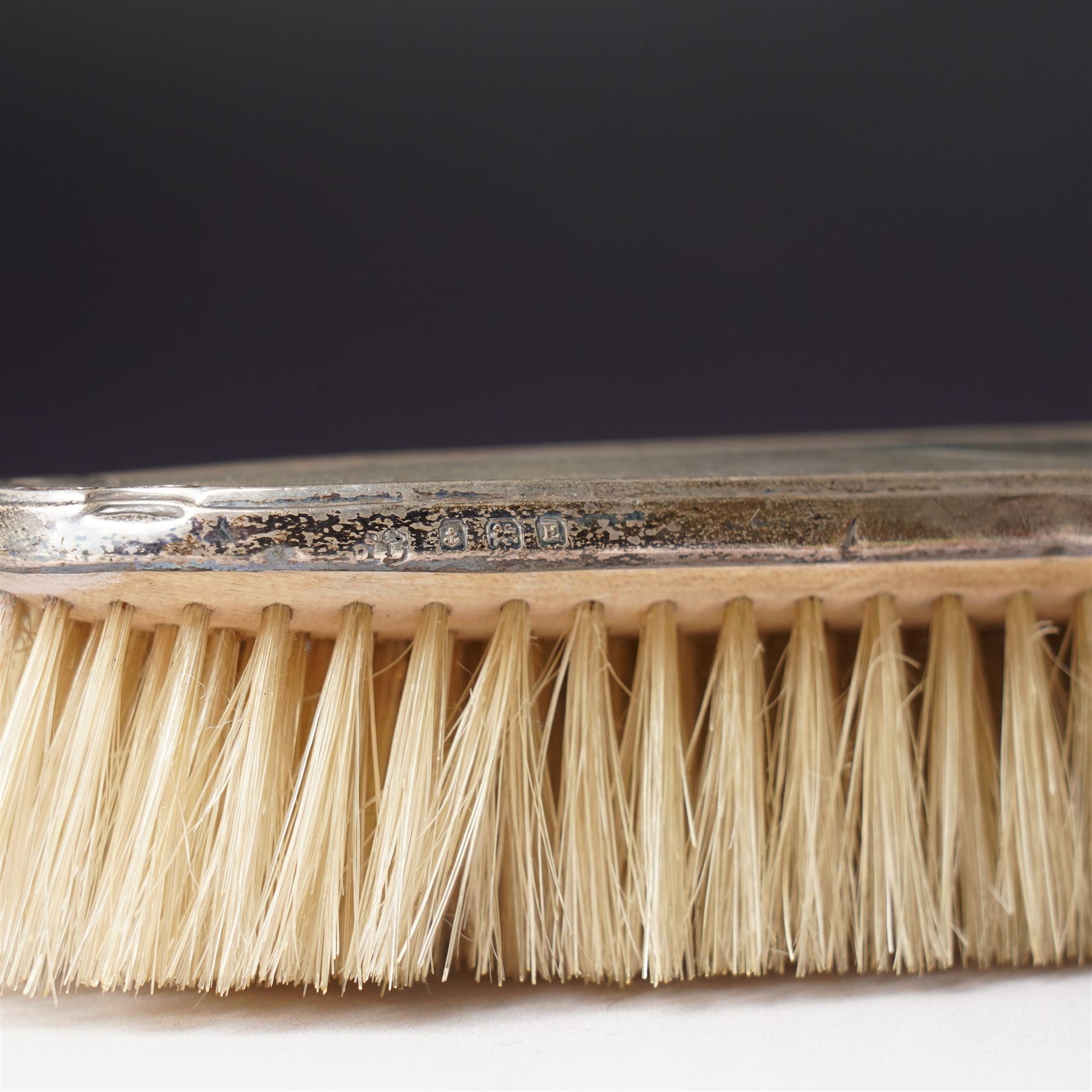 Five piece silver backed dressing table set Birmingham 1929 Maker Deakin & Francis Ltd and a Victorian glass globe scent flask with screw off silver cover  