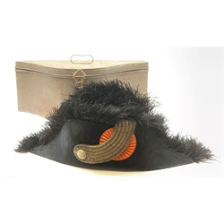 19th century cocked hat, probably French Naval officers, with black moleskin finish and ostrich feather edging L44cm; in original tin carrying box